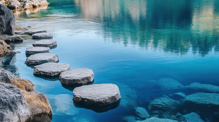 Explore a serene landscape featuring stepping stones over crystal clear water. A tranquil scene that invites relaxation and reflection in nature.の素材