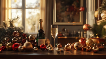 A beautifully arranged Christmas table featuring a bottle of champagne, a glass, and festive ornaments, evoking a warm and cozy holiday atmosphere.の素材