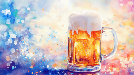 A vibrant illustration of a cold glass of beer topped with frothy foam, set against a colorful and artistic background, perfect for celebrations.の素材