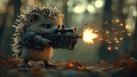 An adorable hedgehog dressed as a soldier aims a sniper rifle in a forest setting, creating a whimsical and imaginative action scene full of charm.の素材