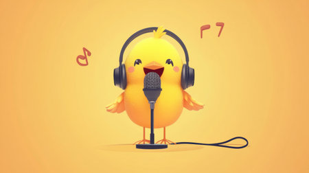 A cheerful yellow bird with headphones sings joyfully into a microphone, surrounded by playful music notes. Perfect for music and entertainment themes.の素材