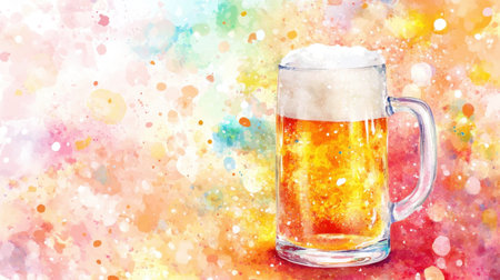 A refreshing glass of beer sits against a vibrant, colorful background, perfect for conveying joy and celebration in social gatherings or summer events.の素材