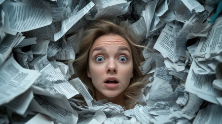 A young woman looks shocked and overwhelmed as she emerges from a sea of paperwork, illustrating feelings of stress and chaos in an office environment.の素材