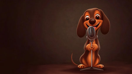A cheerful cartoon dog stands in front of a microphone, ready to showcase its singing talent. This playful character brings joy and fun to any creative project.の素材