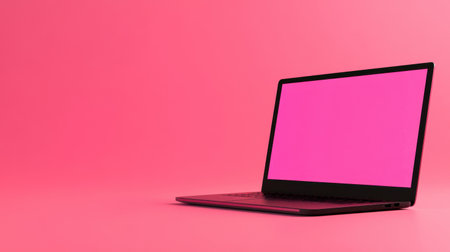 A sleek laptop with a blank screen sits on a vibrant pink background, ideal for showcasing digital content, creative projects, or online business concepts.の素材