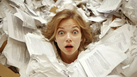 A young woman appears shocked as she is buried under a mound of crumpled papers, conveying feelings of stress and chaos. This image captures emotional moments of overwhelm.の素材