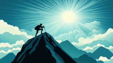 A solitary hiker ascends a rugged peak, basking in the bright sunlight. This inspiring scene captures the essence of adventure, exploration, and natural beauty.の素材