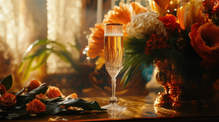 A beautifully styled champagne glass sits amidst a lush floral arrangement, perfect for celebrations, romantic events, or elegant gatherings with a warm ambiance.の素材