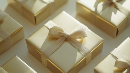 A collection of elegant gold gift boxes adorned with delicate ribbons, perfect for various celebrations and events. Ideal for stylish gift-giving occasions.の素材