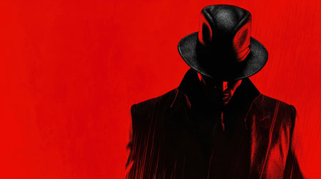 A striking silhouette of a mysterious figure in a dark hat set against a bold red background, evoking feelings of intrigue and dramatic tension.の素材