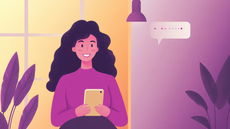 A cheerful woman engages with her tablet in a cozy indoor setting. The vibrant colors and plants create a warm atmosphere, showcasing modern communication and relaxation.の素材
