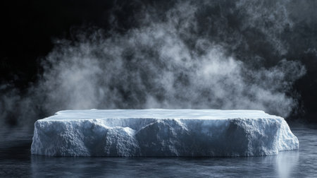 A striking image of an iceberg surrounded by mist against a dark background, showcasing the beauty and serenity of frozen nature with a subtle atmospheric effect.の素材