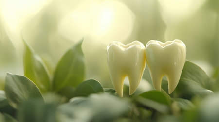 A serene representation of dental health featuring two large white teeth surrounded by vibrant green leaves, symbolizing natural care and wellness.の素材