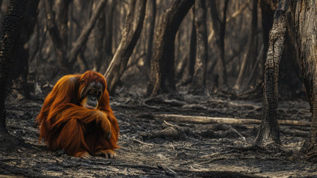 An orangutan sits in a burnt forest, showcasing the impact of wildfires on wildlife. This image highlights the resilience and vulnerability of animals in their natural habitat.の素材