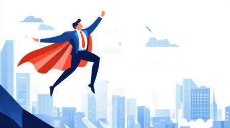An inspiring illustration of a businessman in a superhero pose, soaring above a modern cityscape. This image symbolizes ambition, empowerment, and the pursuit of success.の素材
