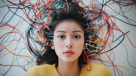 A captivating portrait of a woman with colorful wires surrounding her head, symbolizing the chaos of technology and emotions in modern life.の素材