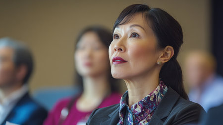 A thoughtful businesswoman immersed in a conference setting, showcasing focus and engagement during a presentation. Her expression reflects determination and professionalism.の素材