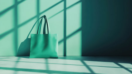 A minimalist turquoise tote bag sits in a softly lit space, creating engaging shadows and a serene atmosphere. Perfect for showcasing style and simplicity.の素材