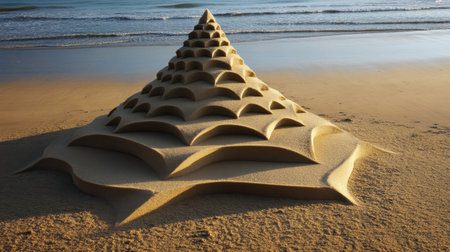 A breathtaking sand sculpture resembling a pyramid stands majestically on a tranquil beach. This artwork captures the beauty of nature and creativity in harmony with the ocean.の素材