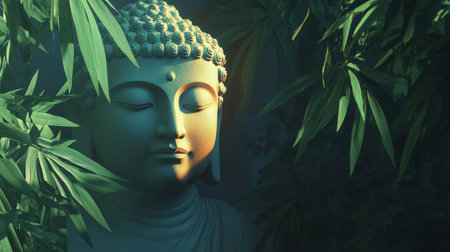 A serene Buddha sculpture emerges from lush greenery, symbolizing tranquility and mindfulness. This peaceful scene invites reflection and calmness.の素材