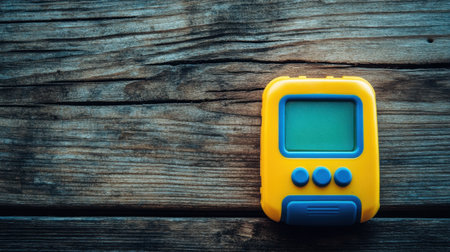 A vintage electronic device in bright yellow and blue resting on a rustic wooden surface. This playful gadget evokes feelings of nostalgia and creativity.の素材