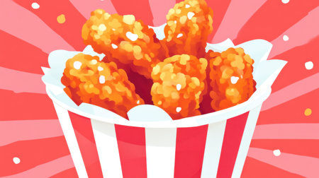A vibrant illustration of crispy fried chicken served in a classic red and white container, perfect for a snack or party setting.の素材