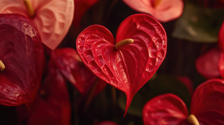 A stunning close-up of heart-shaped red flowers showcases their intricate texture and vibrant colors, perfect for romantic and artistic themes in nature.の素材