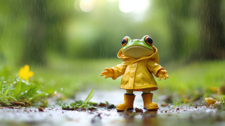 A charming frog toy wearing a yellow raincoat stands in a puddle, evoking a sense of playfulness in a vibrant, rainy outdoor setting.の素材