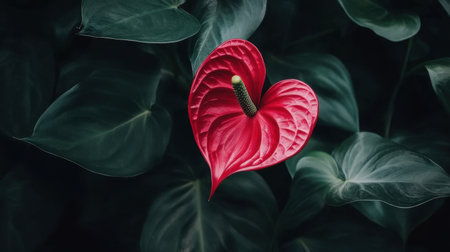 A stunning red heart-shaped flower emerges beautifully against lush green leaves, symbolizing love and vibrancy in a natural setting. Perfect for nature-themed projects.の素材