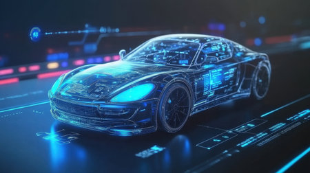 A futuristic digital representation of a car showcasing advanced technology. This holographic vehicle highlights innovation and design in automotive engineering.の素材