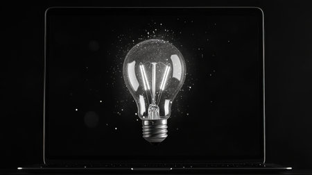 A striking image of a light bulb glowing on a laptop screen, surrounded by sparkles in a dark setting, symbolizing creativity and innovative ideas.の素材