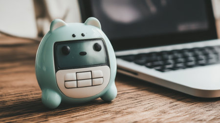 A whimsical blue toy figure sits beside a laptop on a rustic wooden desk, creating a cheerful and playful workspace atmosphere suitable for creative inspiration.の素材