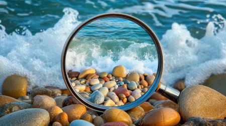 A magnifying glass reflects colorful stones on the shore, surrounded by gentle ocean waves. This serene image captures the beauty of nature and invites exploration.の素材