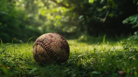 A weathered baseball rests on lush green grass in a tranquil forest. The sunlight filters through the trees, creating a serene atmosphere perfect for outdoor play.の素材