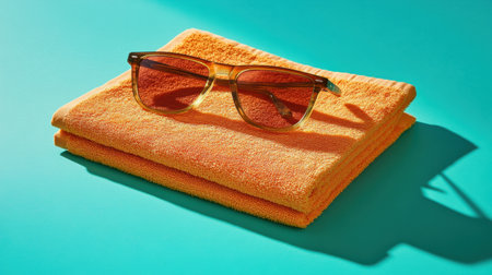 This vibrant photo features stylish sunglasses resting on an orange towel, perfect for summer beach vibes. Ideal for vacation, relaxation, and fashion themes.の素材