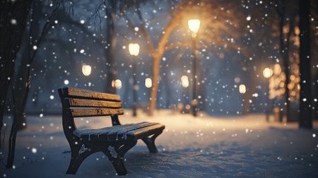 A serene winter scene featuring a snow-covered bench illuminated by glowing street lamps in a tranquil park setting, creating a peaceful atmosphere.の素材