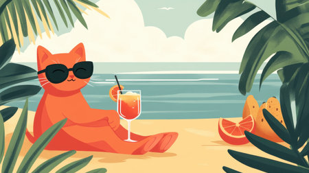 A cheerful orange cat lounges on the beach, wearing sunglasses and sipping a colorful drink. Tropical vibes create a perfect summer scene by the ocean.の素材