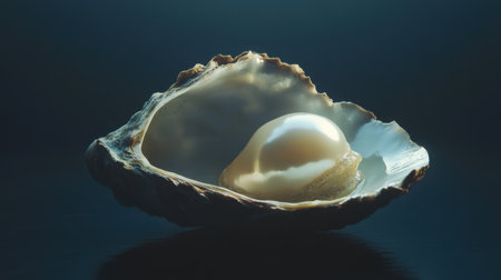 A beautiful pearl nestled inside an oyster shell, captured against a dark background. This image evokes a sense of luxury and natural beauty.の素材