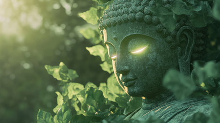 A serene Buddha statue partially hidden by lush greenery, illuminated by soft light. This image evokes feelings of peace, tranquility, and meditation.の素材