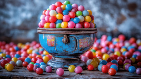 A vintage gumball dispenser bowl overflowing with colorful gumballs, creating a cheerful and playful atmosphere. Perfect for candy-themed projects.の素材