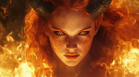 A captivating character with fiery orange hair and horns, set against a backdrop of flames. The intense gaze and dramatic lighting evoke an enchanting, mythical aura.の素材