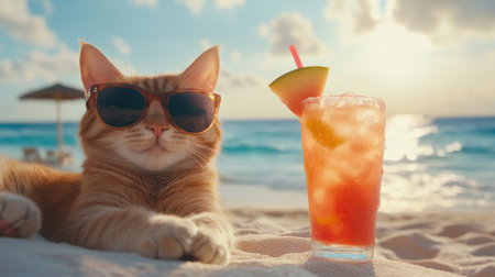 A cheerful cat wearing sunglasses lounges on the beach beside a refreshing drink, capturing the perfect summer vibe. Ideal for vacation themes.の素材