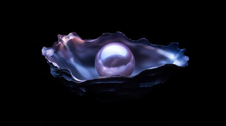 A captivating close-up of a lustrous pearl nestled in an oyster shell, set against a deep black background, evoking elegance and natural beauty.の素材