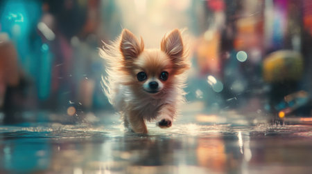 A lively Chihuahua joyfully running through a vibrant urban setting. The playful dog splashes through puddles, embodying a carefree spirit and happiness.の素材