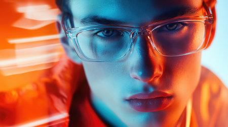 A captivating close-up portrait of a young man wearing glasses, showcasing vibrant colors and a modern aesthetic. The intense gaze and creative lighting enhance the contemporary style.の素材