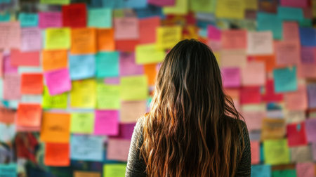A woman stands in front of a vibrant wall covered in colorful sticky notes, symbolizing creativity and brainstorming in a modern workspace.の素材