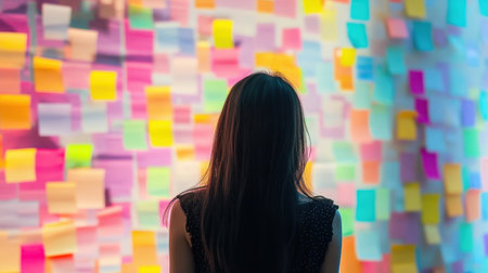 A woman stands in front of a vibrant wall covered in sticky notes, reflecting on ideas and creativity. The colorful notes evoke inspiration and planning.の素材