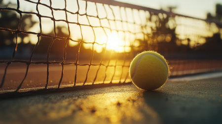 A serene image of a tennis ball resting by the net at sunset. The golden light casts beautiful shadows, highlighting the vibrant color of the ball against the court.の素材