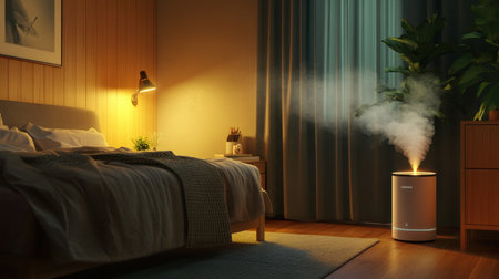 A serene bedroom scene featuring a modern humidifier emitting steam, surrounded by cozy decor and soft lighting, perfect for promoting relaxation and wellness.の素材
