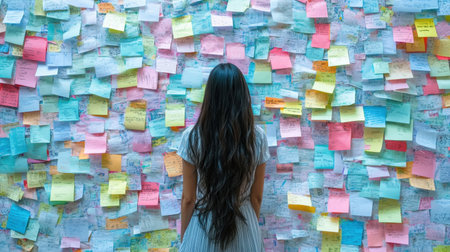 A woman stands in front of a vibrant wall covered in colorful sticky notes, representing creativity and organization. The scene reflects brainstorming and planning.の素材